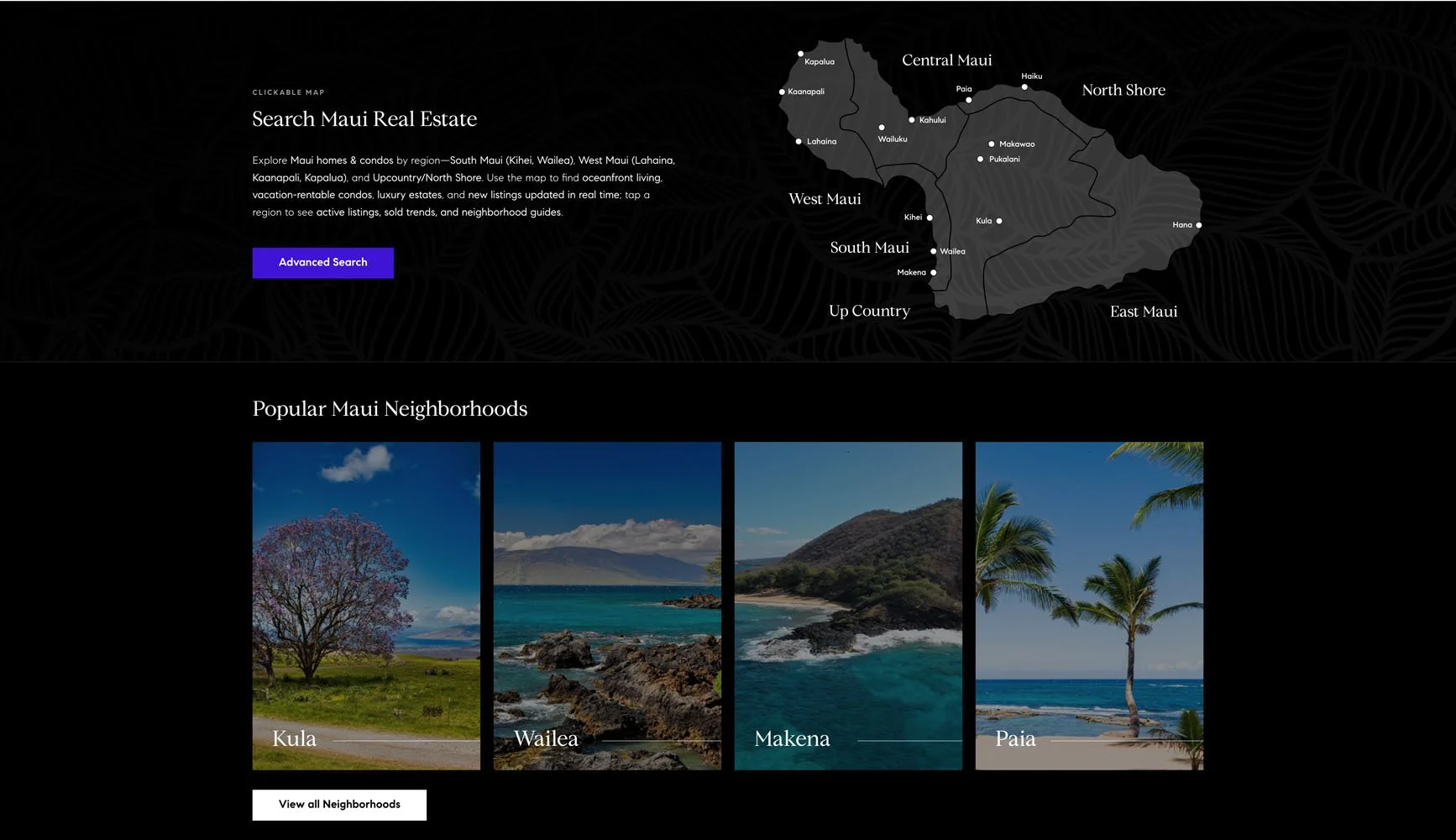Maui Real Estate clickable SVG map and search section